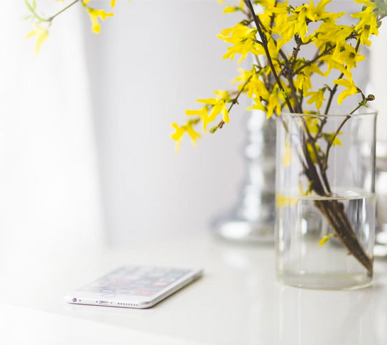 Pleasing image of yellow flowers next to mobile phone